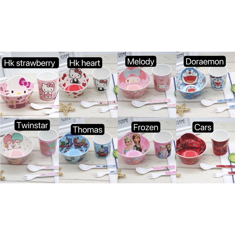 mangkuk sendok garpu cangkir melamin karakter set melamine makan anak thomas cars kitty frozen doraemon