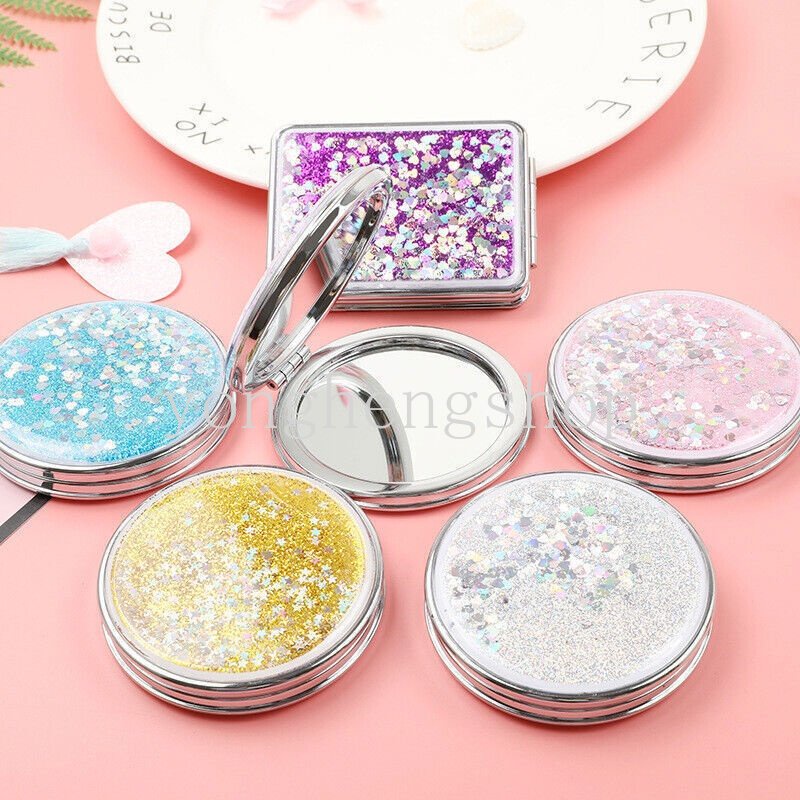 Cermin Saku Lipat Mini Portable Dua Sisi Motif Pasir Glitter Untuk Makeup / Kosmetik Wanita