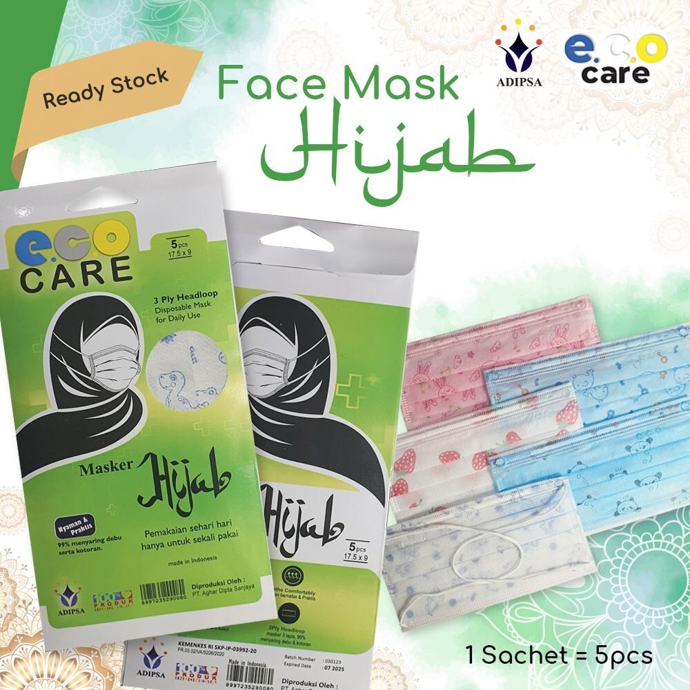 Masker EcoCare Earloop & Hijab 3ply Sachet 5pcs Izin Kemenkes Asli