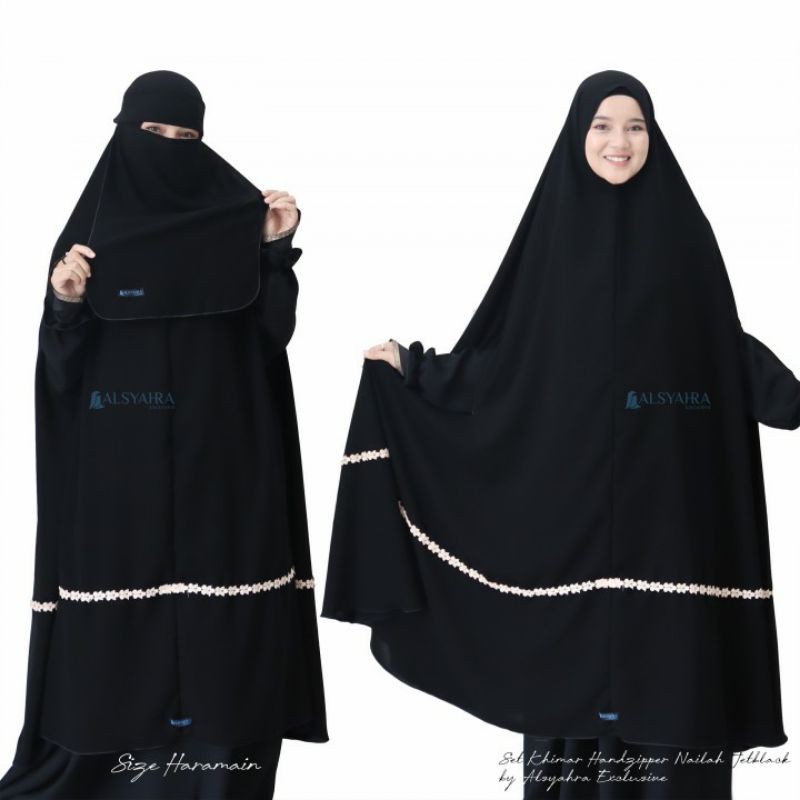 Set Khimar Syari Handzipper Nailah Haramain Niqab Poni Jetblack Alsyahra Exclusive