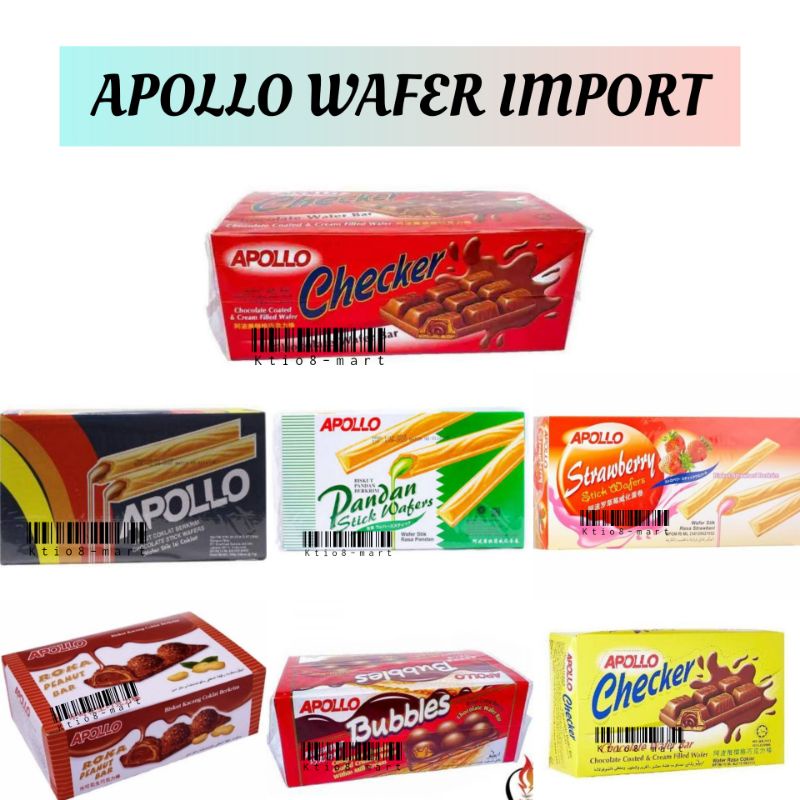 

Apollo Stick Wafer Malaysia Varian Rasa Cokelat/ Pandan/ Strawberry/ Bubbles Chocolate/ Roka Peanut/ Checker Chocolate/ Import