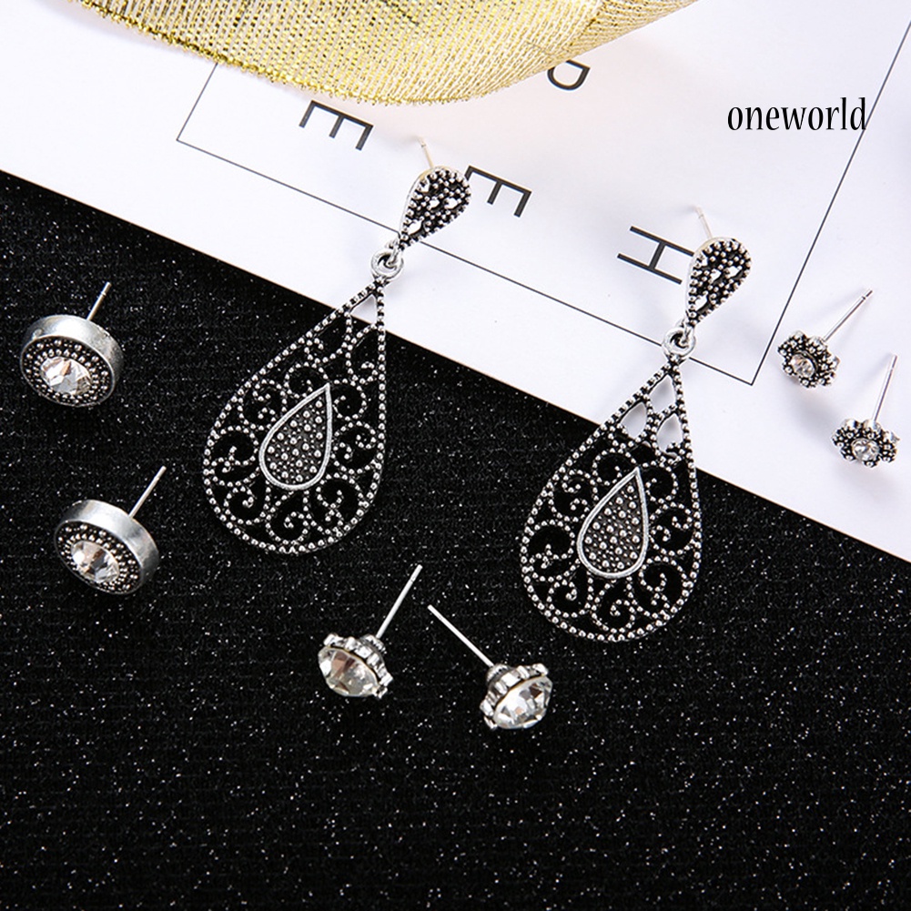 OW@ Boho Antique Silver Retro Hollow Waterdrop Pendant Stud Earrings Jewelry Set