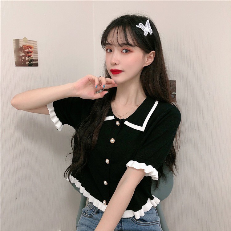 [Diskon Spesial] Crop top rajutan kaos lengan pendek wanita Korea