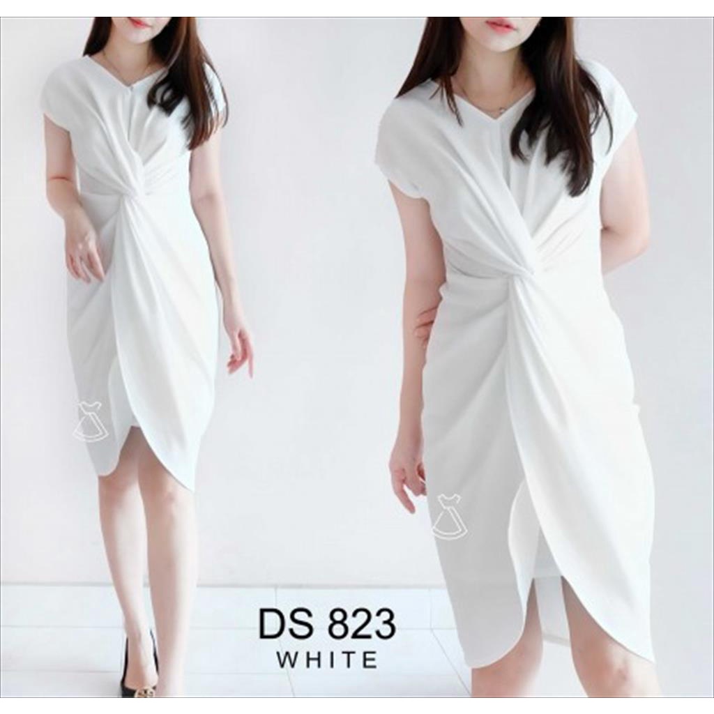 DS823 - DRESS SEPAN SCUBA KANTOR MIDI KNOT WANITA GROSIR MURAH