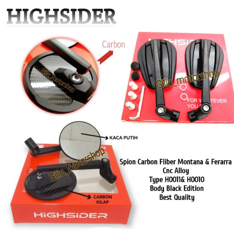 HIGHSIDER SPION CARBON FLIBER BULAT /OVAL MIRROR PUTIH-DATAR HIGHSIDER ASSESORIS MOTOR BISA DI MODIF KE DRAT HONDA YAMHA