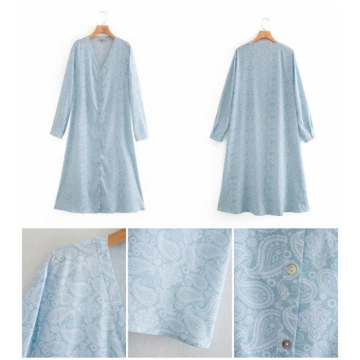 57273 Sky Blue Retro Parsley Dress / Dress Pesta Midi Biru Muda(Y1K5) midi dress korea Gamis Muslima