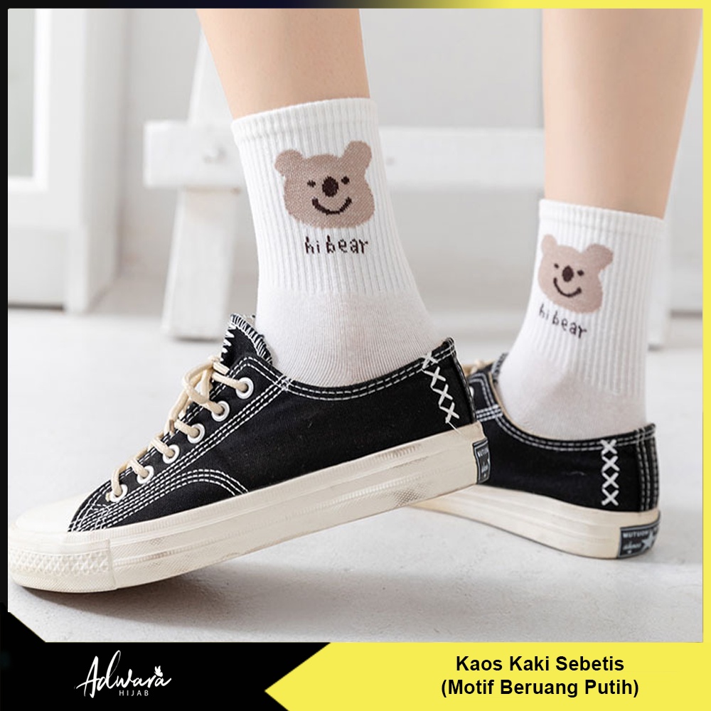 Kaos Kaki Wanita Panjang Sebetis Motif Beruang Warna Putih  / Kaos kaki Putih Motif Cute Bear Japan Style Sock