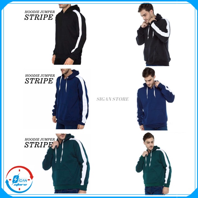 Jaket Hoodie Jumper Stripe Polos Bahan Cotton Fleece Adem