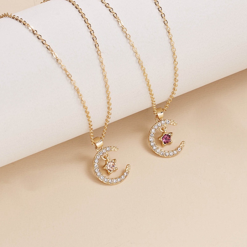 Kalung 925 Sterling Silver Dengan Liontin Bulan Bintang Aksen Berlian Zirconia Untuk Wanita