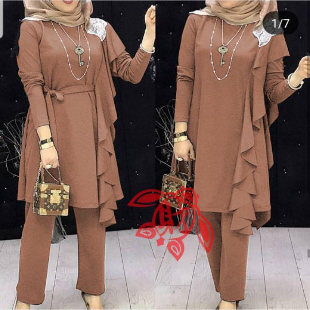 COD SETELAN WANITA NAURA /SETELAN TUNIK JUMBO /ONE SET POLOS/ SETELAN NUMBO / FASHION MUSLIM LAYER-Mocca