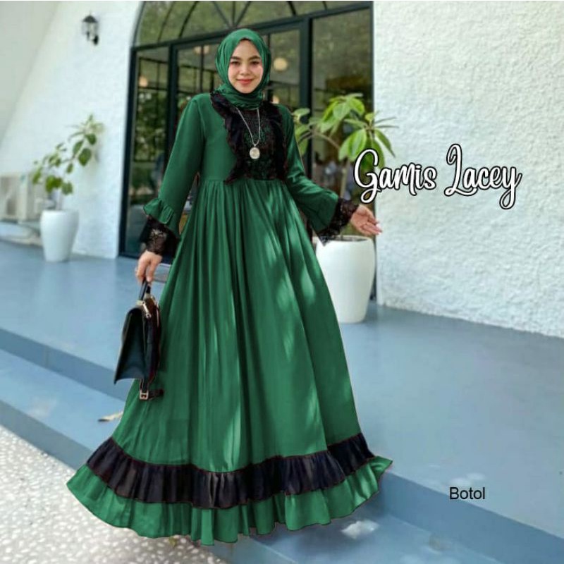 Gamis Lacey, GAMIS MUSLIM CANTIK FIT XXL LD 110 BAHAN CRUTTY BABYDOLL FULL FURING MIX LACE OOTD TERLARIS TERMURAH OOTD