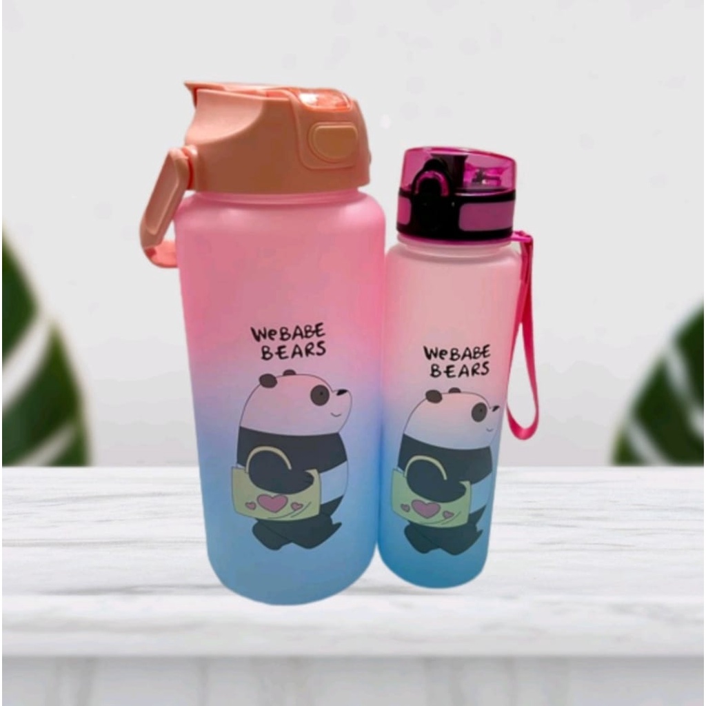 Botol Minum Couple Pasangan + Sticker 2D &amp; 3D Gradasi We Babe Bear 1Set 2 Liter Dan 800ML Food Grade Bebas BPA Dengan Penanda Waktu Webabe Bears-Botol Minum Viral Motivasi 2in1 Botol Minuman Anti Bocor Awet Tahan Lama