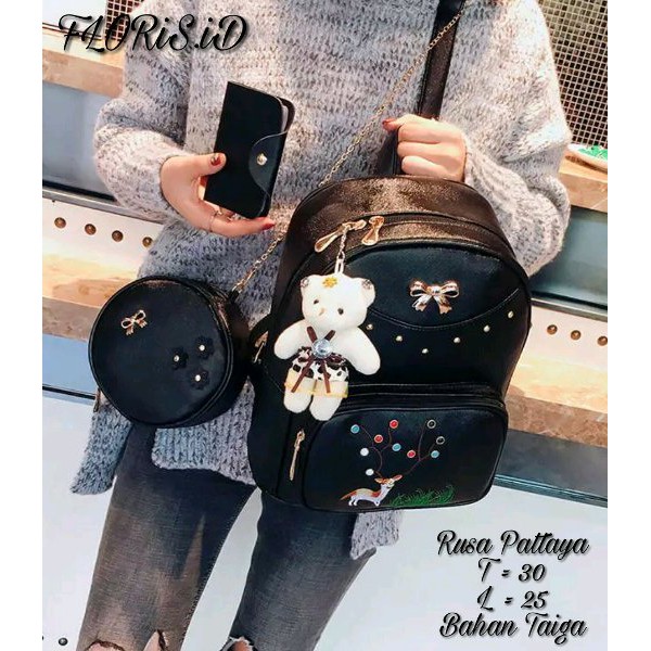 Tas Ransel Wanita Motif Rusa Set 3in1