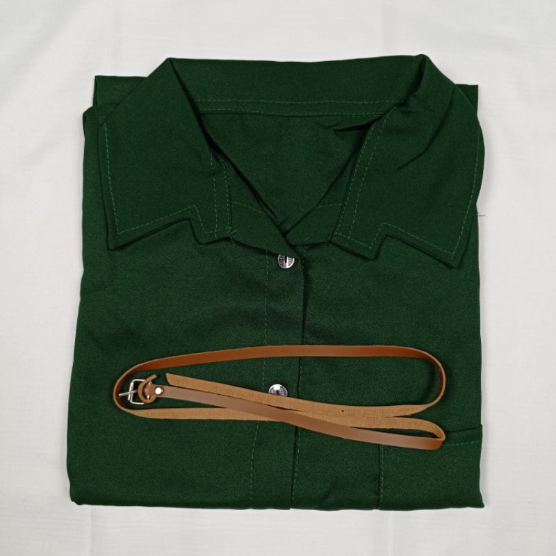 Kemeja Wanita Atasan Blouse Casual Polos Lengan Panjang Kekinian Bahan Moscrep Free belt model Korea-Hijau-015