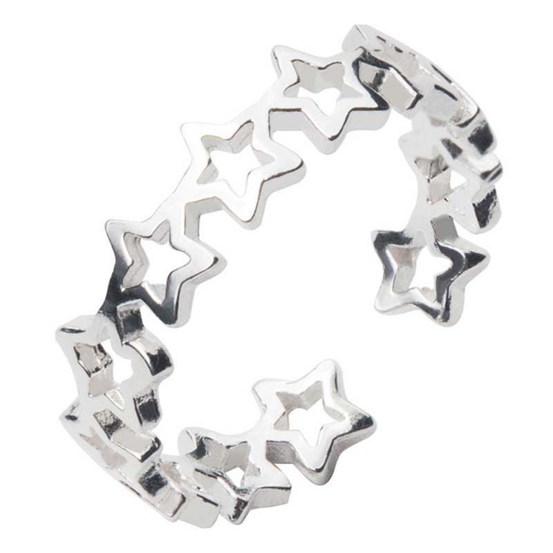 Cincin Model Terbuka Desain Bintang Hollow Out Warna Silver Gaya Minimalis Untuk Wanita