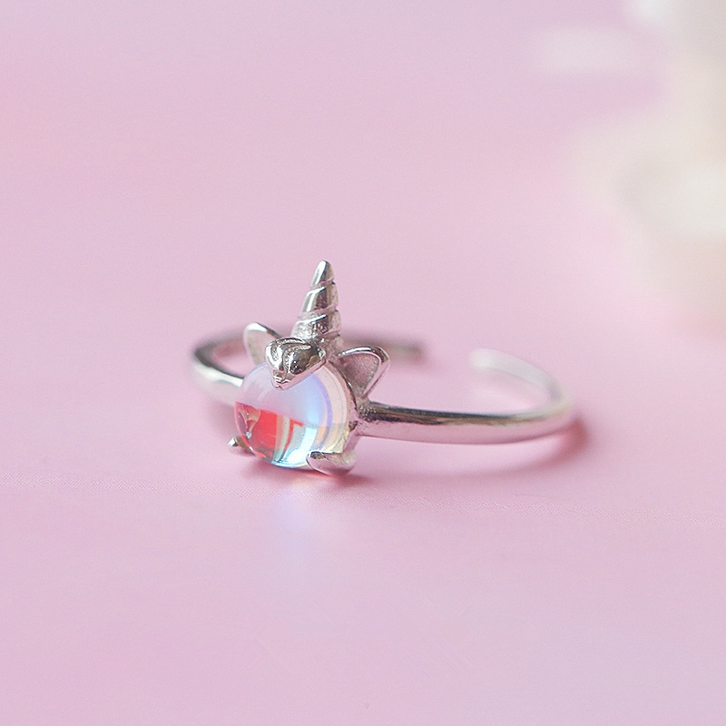 Cincin Kasual Ring Unicorn Penuh Warna Moonstone Pembukaan Versi Korea Perhiasan Rings Women Jewelry