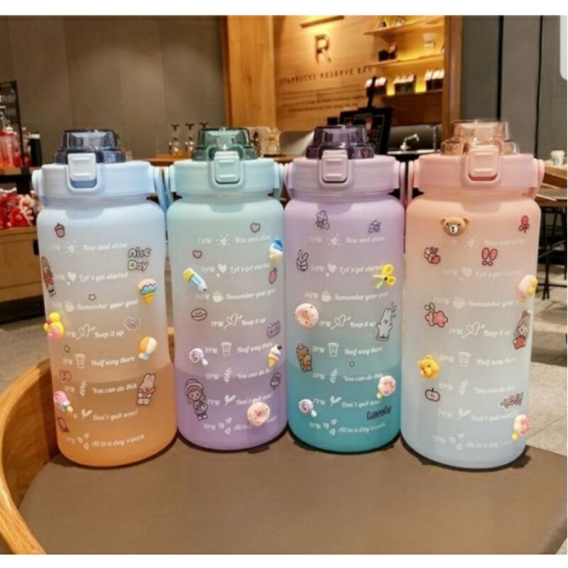 Botol Minum Korea Viral 2L/Botol Minum Motivasi 2000ml/Free sticker
