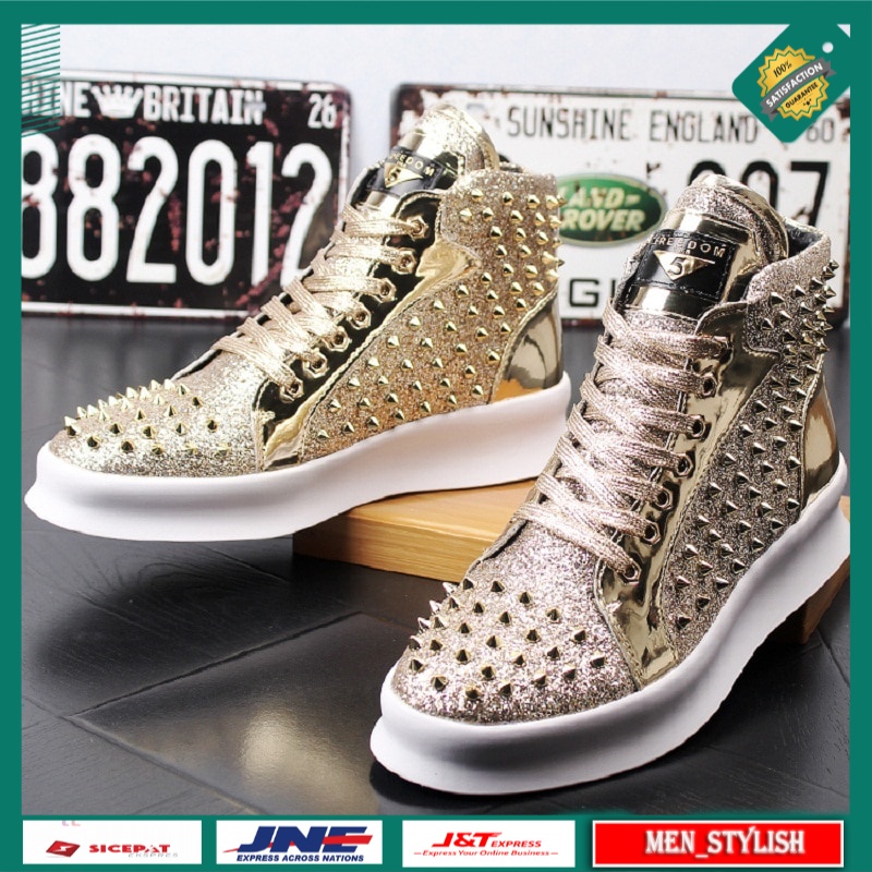 Sepatu Fashion Pria Import New Men's Golden Casual Ankle Boots Spring Autumn Punk Style Rivets Trend