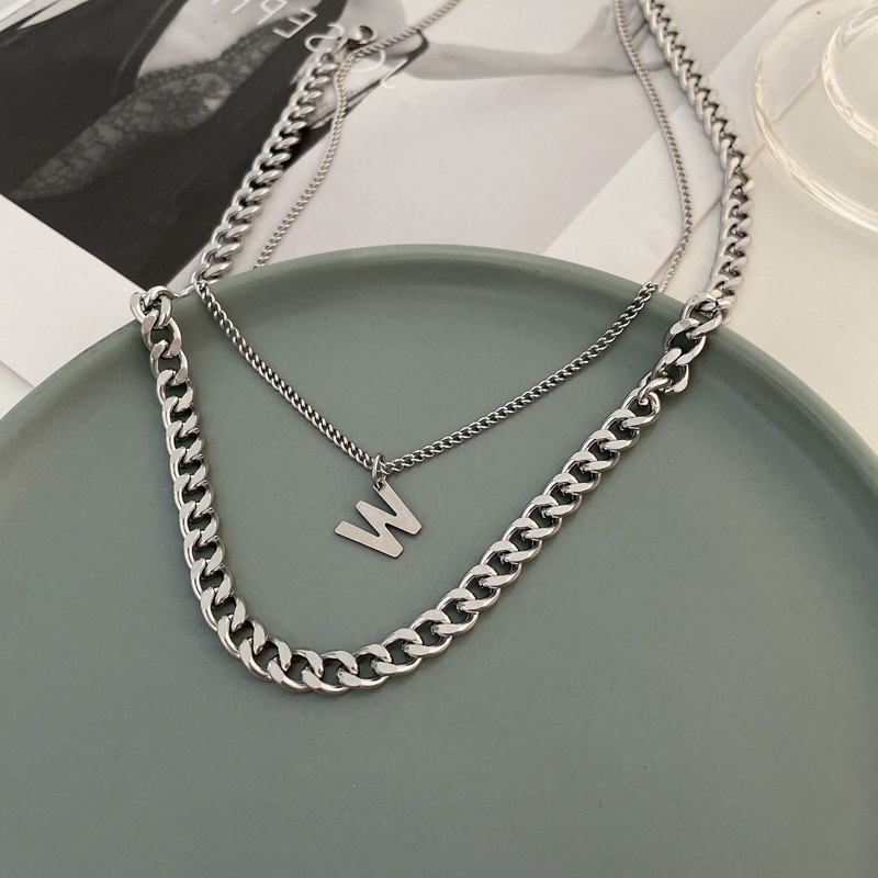 Kalung Rantai Bahan Titanium Stainless Steel Desain Huruf W Untuk Wanita