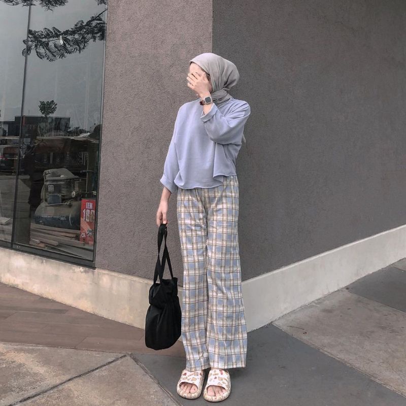 One Set Grey Blue Blouse Crop + Celana tartan Kulot - Setelan Wanita Korean Style