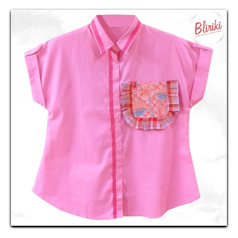 BW12 kemeja katun wanita warna pink saku batik cap unik
