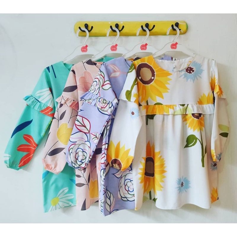 Baju Atasan Tunik Anak Cewek Perempuan 7 8 9 10 11 12 Tahun Lengan Panjang Bahan Katun Motif Bunga