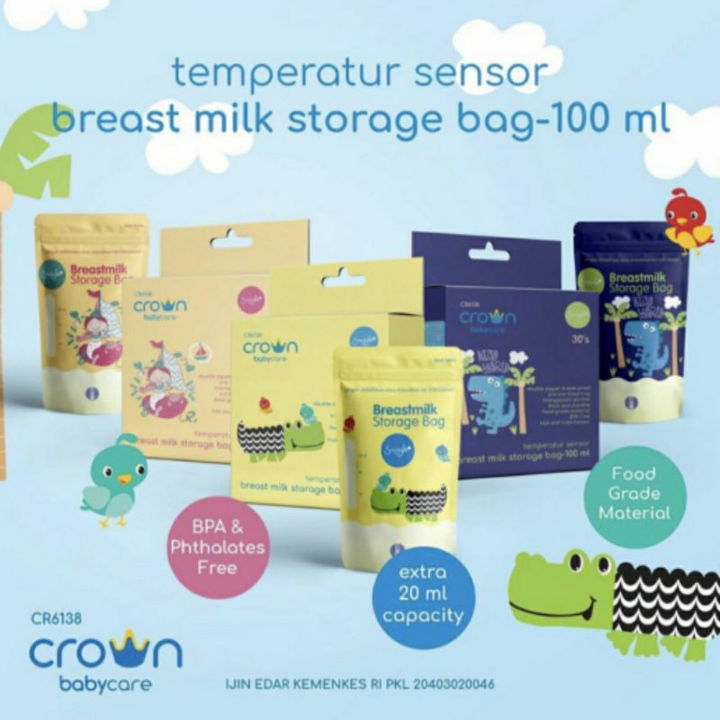 Crown Kantong ASI 100ml Motif Ikan duyung/Buaya/Dino