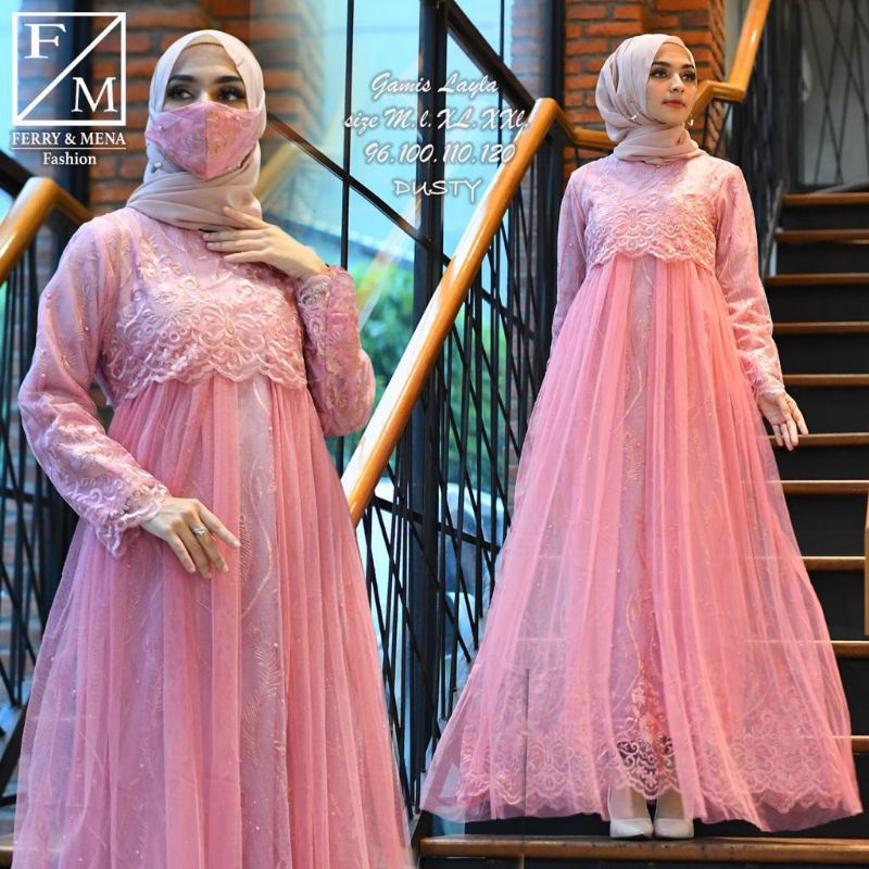 Fanstore - Gamis Layla Premium Bahan Tulle Combinasi Tutu Samping Dada Rempel