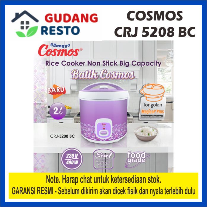 COSMOS CRJ-5208 BC MAGIC COM NON STICK RICE COOKER CRJ5208-BC BATIK PENANAK NASI 2L 2 LITER 3 IN1