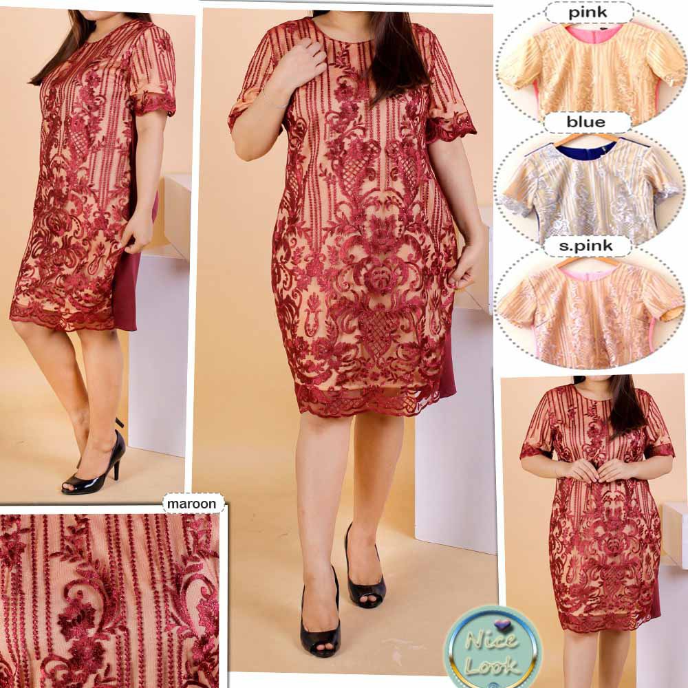 DRESS 618 JUMBO BIG SIZE FIT to XL SCUBA mix BROKAT GLITTER IMPORT NICE LOOK