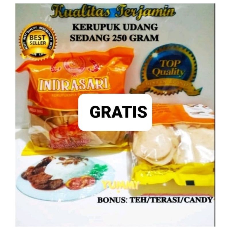 

KERUPUK UDANG SEDANG 250 GR INDRASARI BONUS TEH/TERASI/CANDY