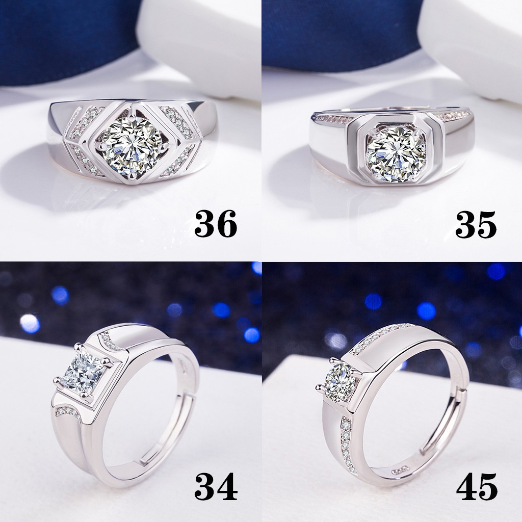 Cincin Silver S925 Pria Adjustable Hias Kristal Berlian Zirconia Untuk Pernikahan