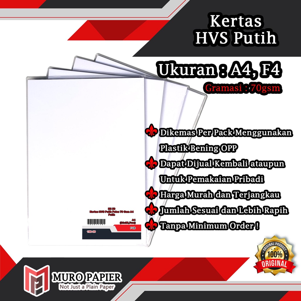 

( PER PAK - ISI 50 ) Kertas HVS Putih Polos 70 gsm A4 F4 - by Muro Papier