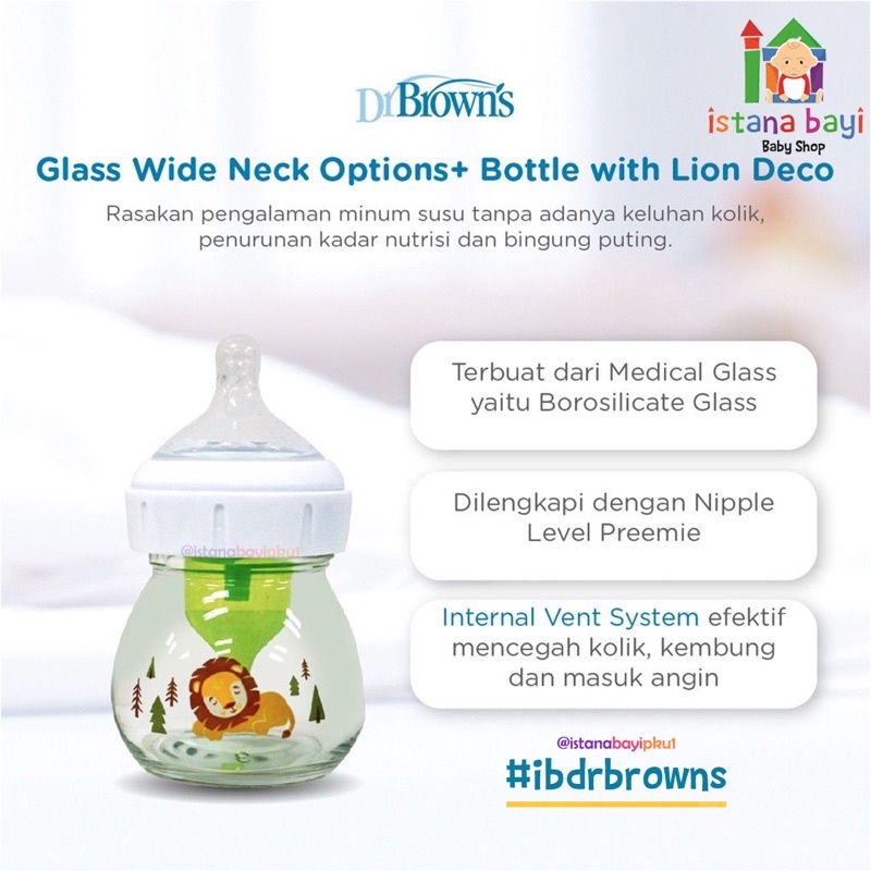 Dr. Brown's 2oz/60ml Glass Wide Neck Options+ Bottle with Lion Deco - Botol Susu