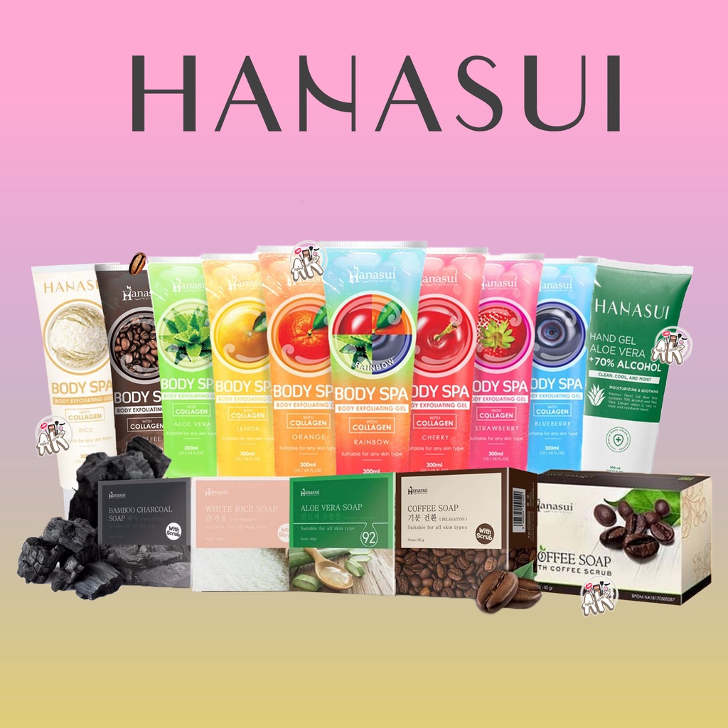 Hanasui body spa 300ml ALOEVERA/CHERRY/BLUEBERRY/LEMON/ORANGE/RAINBOW/RICE, DAN SABUN