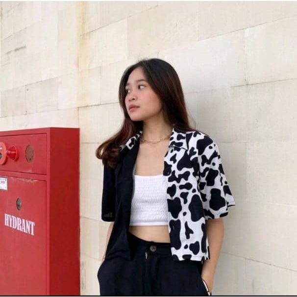 Baju Kemeja Wanita Two Tone Animal Kekinian / Kemeja dua warna / Top Wanita / Atasan Wanita