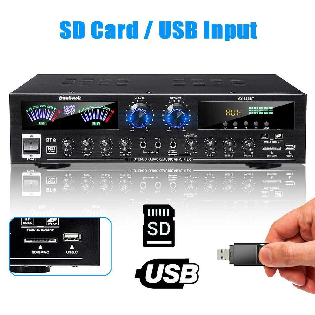 Sunbuck Audio Amplifier Bluetooth 5.0 Microphone HiFi USB MP3 Player - AV-555BT - Black