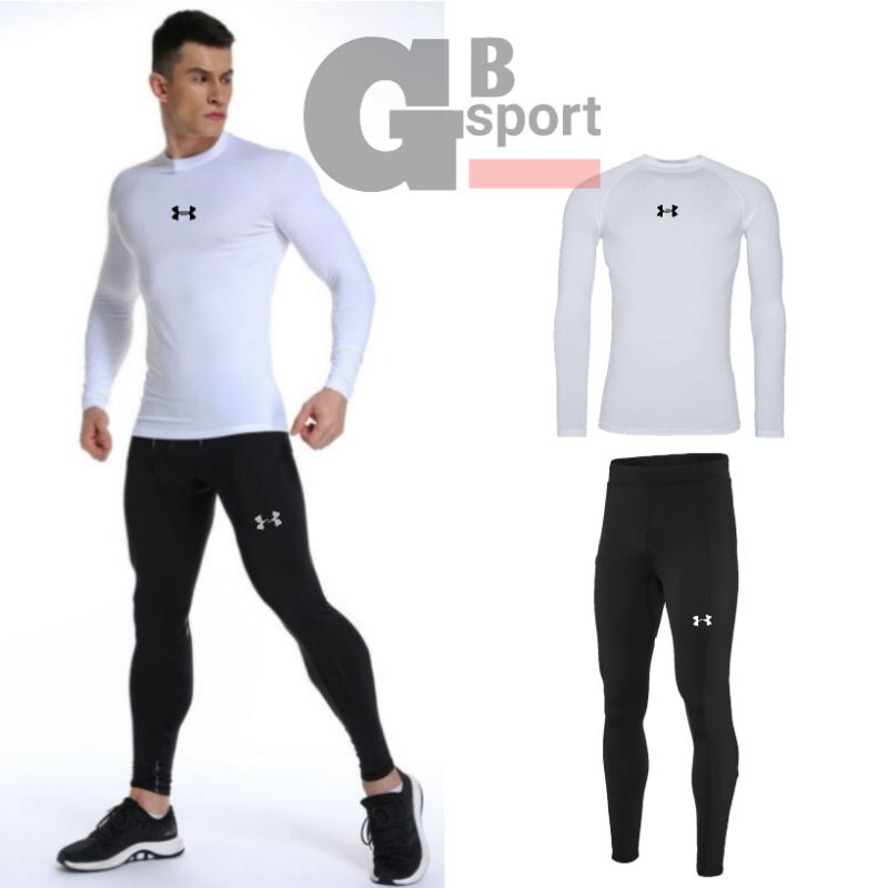 Set Baju Olahraga Pria Baju manset  Baselayer Kaos Olahraga Celana manset panjang Setelan Baju olahr