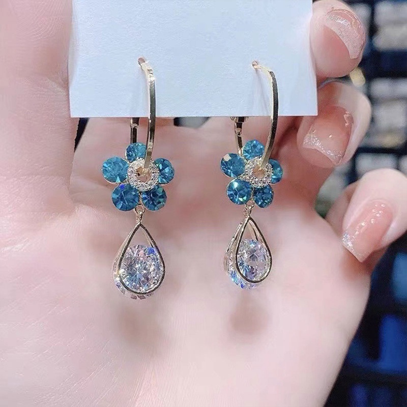 Fancyqube Anting Menjuntai Desain Bunga Aster Hias Kristal Zircon Biru Gaya Korea Untuk Wanita