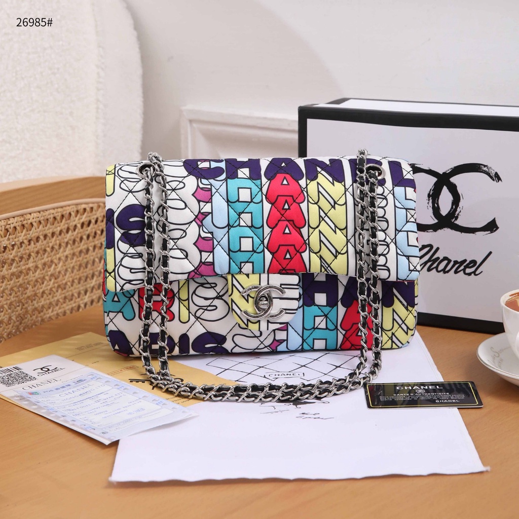 CH New Multi Color Rainbow Fabric Gold Leather Chain Shoulder Flap Bag 26985