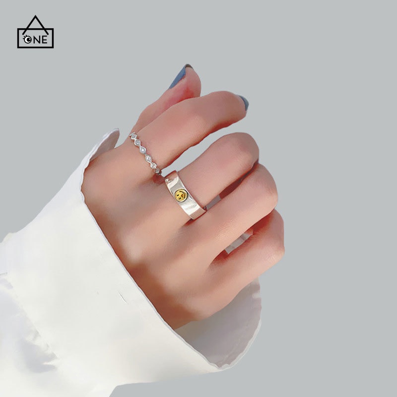 COD❤Cincin Unisex Smiley Korea Aksesoris Cincin Terbuka Multilayer Retro A one