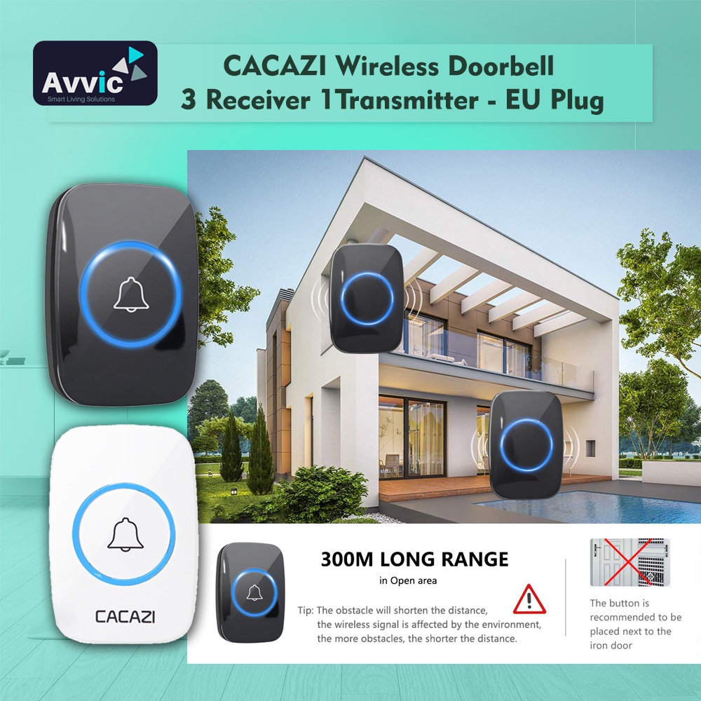 CACAZI Wireless Doorbell 3 Receiver 1 Transmitter Pencetan Wireless Bel Pintu Rumah Kantor Waterproof IP44