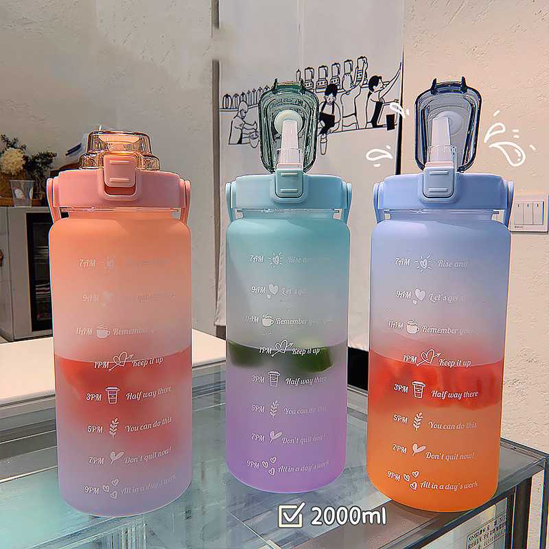 Yamata Botol Minum Viral 2000 ML- Big Botol Travel Minum Korea Multiwarna  Plastik Large Water Bottle 2 Liter- Botol Minum Besar Bekal Anak Sticker 3D