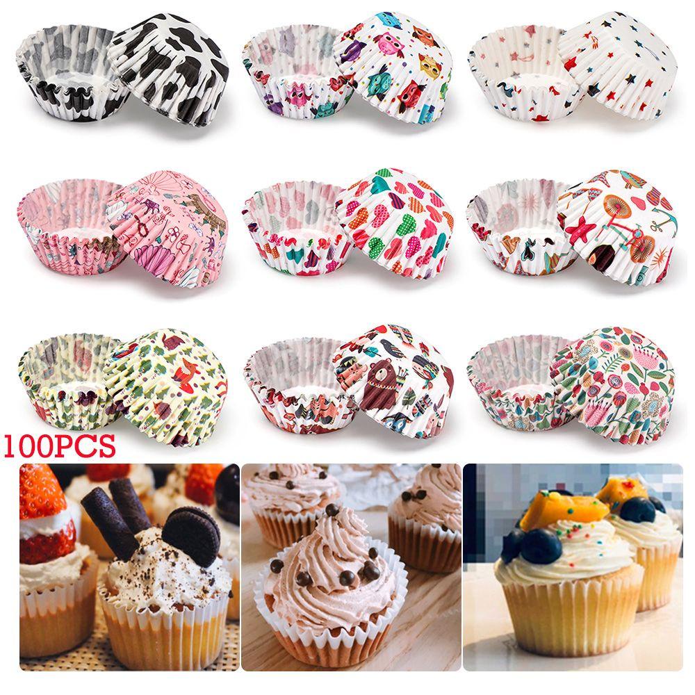 Solighter 100PCS / Set Kertas Cupcake Motif Bunga Untuk Perlengkapan Dapur