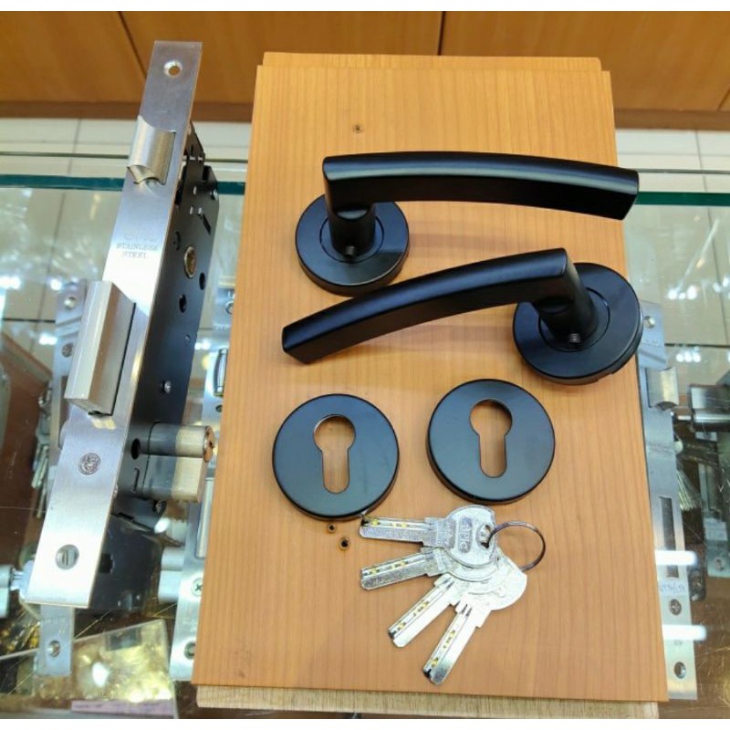handle pintu kamar tidur set hitam / hendel paket komplit / gagang pintu kamar satu set / hendel