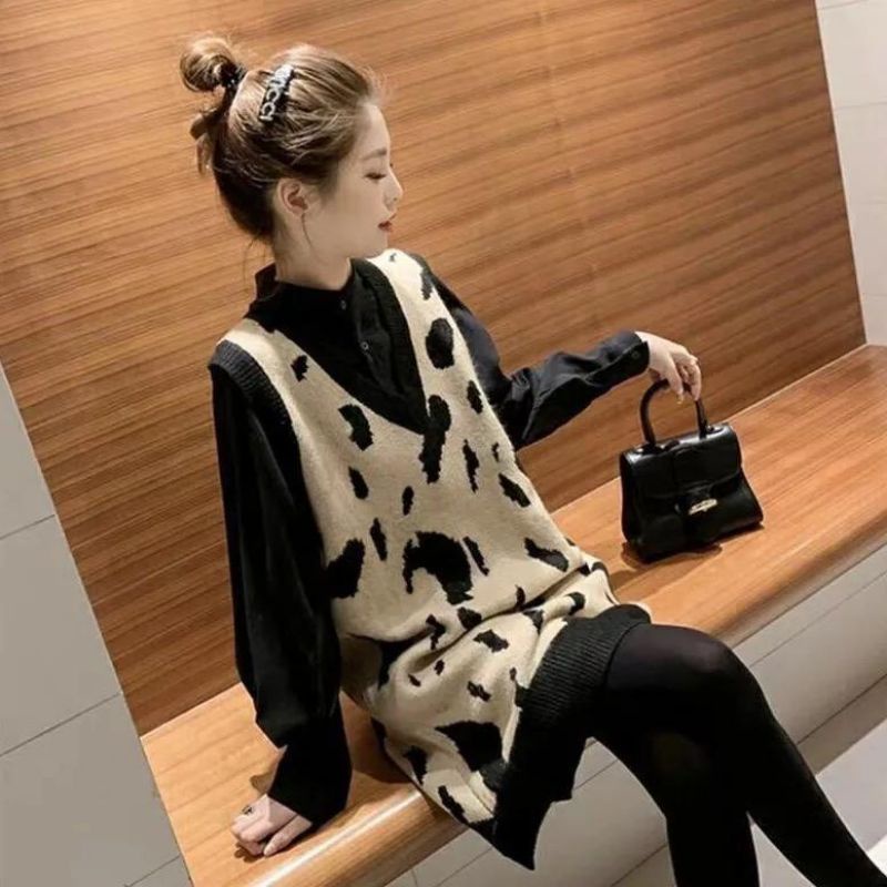 IMPORT WOMAN KNIT LONG VEST LEOPARD WINTER AUTUMN OUTFIT ROMPI RAJUT WANITA PANJANG MUSIM DINGIN