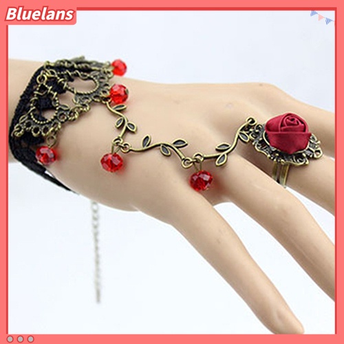 Bluelans Gelang Sambung Cincin Bahan Lace Motif Bunga Gaya Retro / Gothic Untuk Wanita