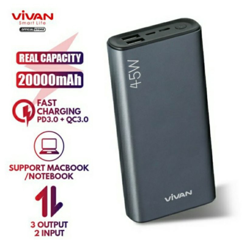 Powerbank Vivan VPB-L20 20000mAh 45W Quick Charge 3 Output 2 Input Original