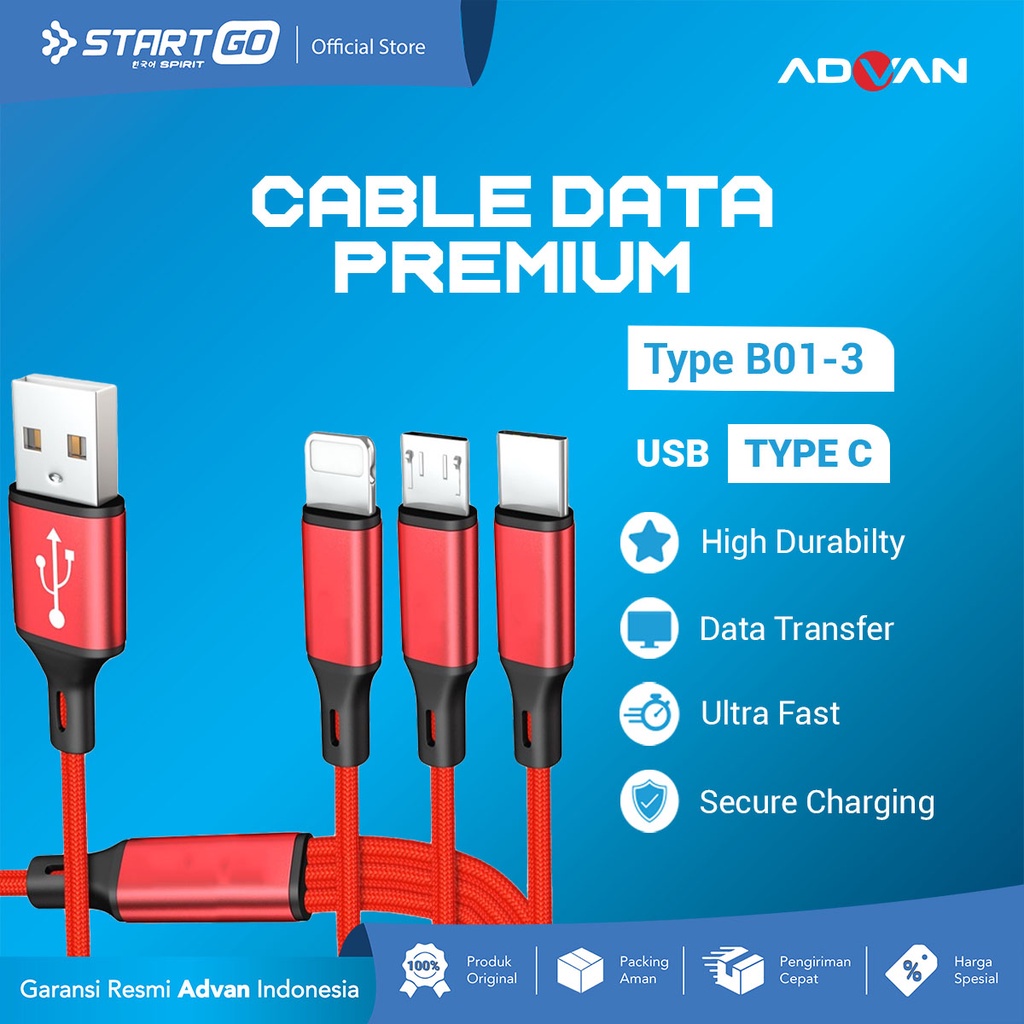 STARTGO Kabel Data Premium B01-3 3in1 Micro Lightning TYPE C 1.25m Kabel Charger ORIGINAL