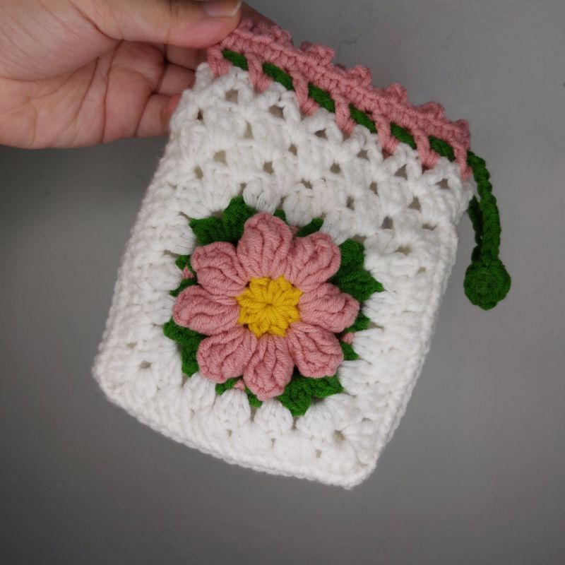 flower pouch, pouch bunga rajutan crochet
